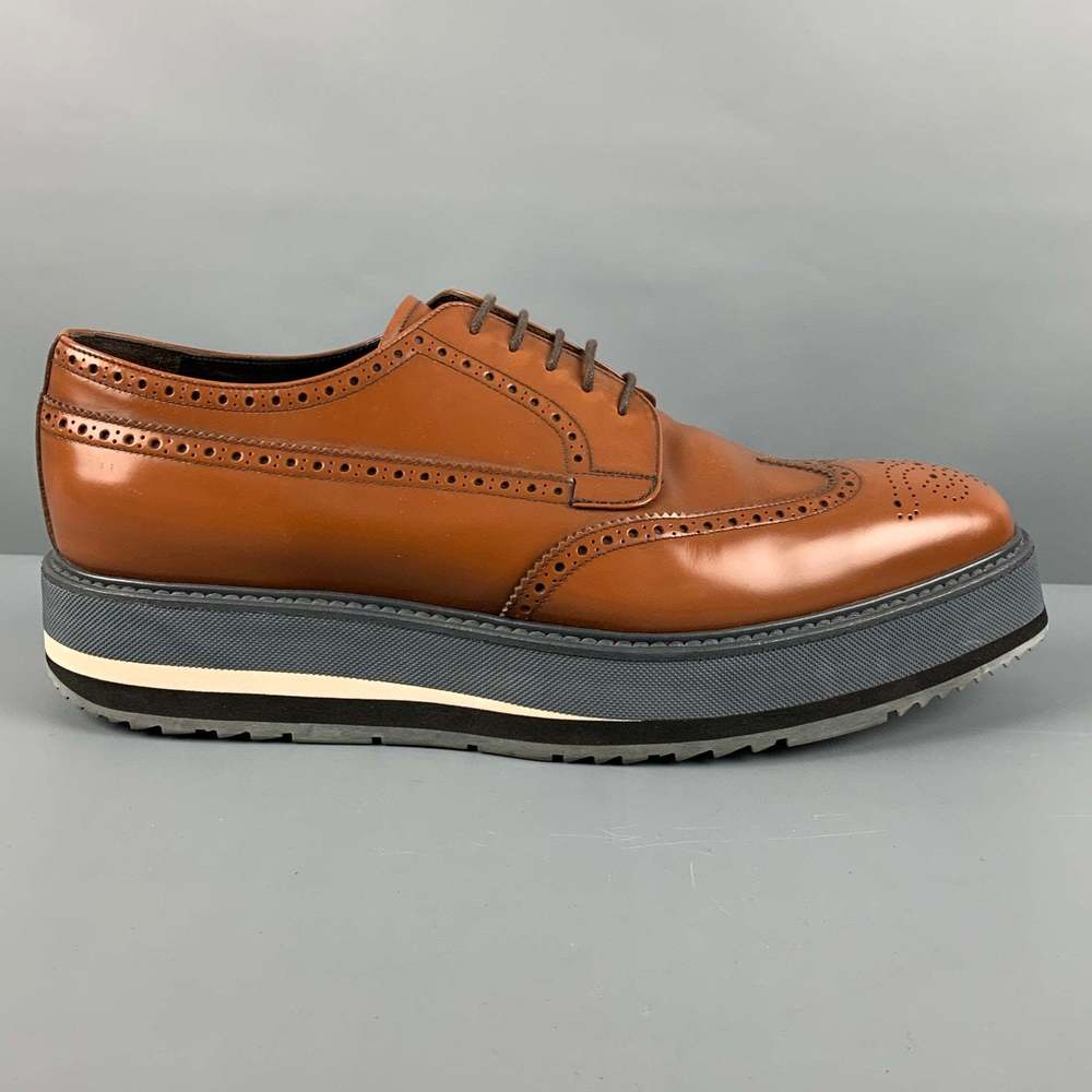PRADA Tan Perforated Leather Wingtip Lace Up Shoes - Picture 2 of 8
